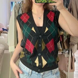 Vintage 90s grey argyle wool sweater vest